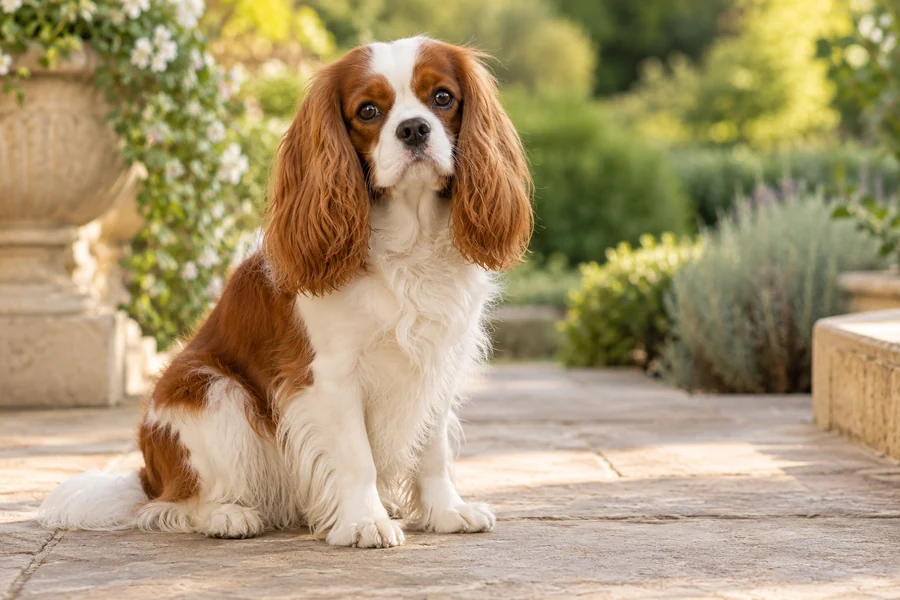 Taş bir terasta oturan Blenheim renkli Cavalier King Charles Spaniel.