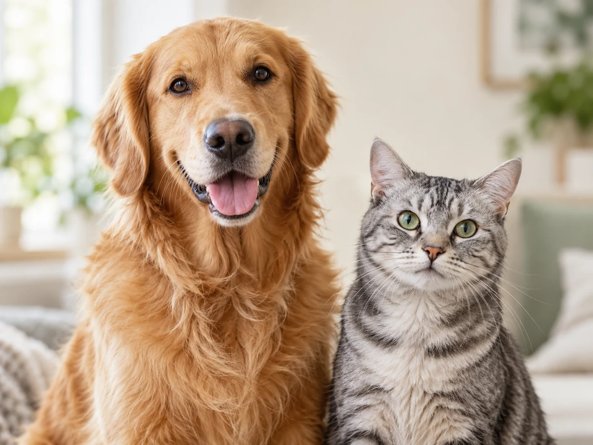 A golden retriever and a silver tabby cat sitting together in a bright setting.