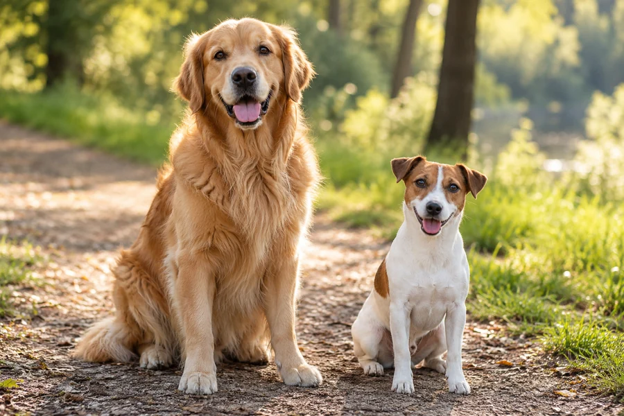 Park yolunda yan yana oturan Golden Retriever ve küçük Jack Russell terrier.